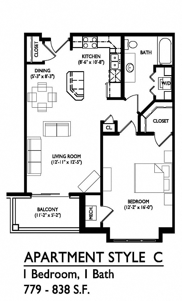 Floor plan for 1 bed, 1 bath, 819 sqft
